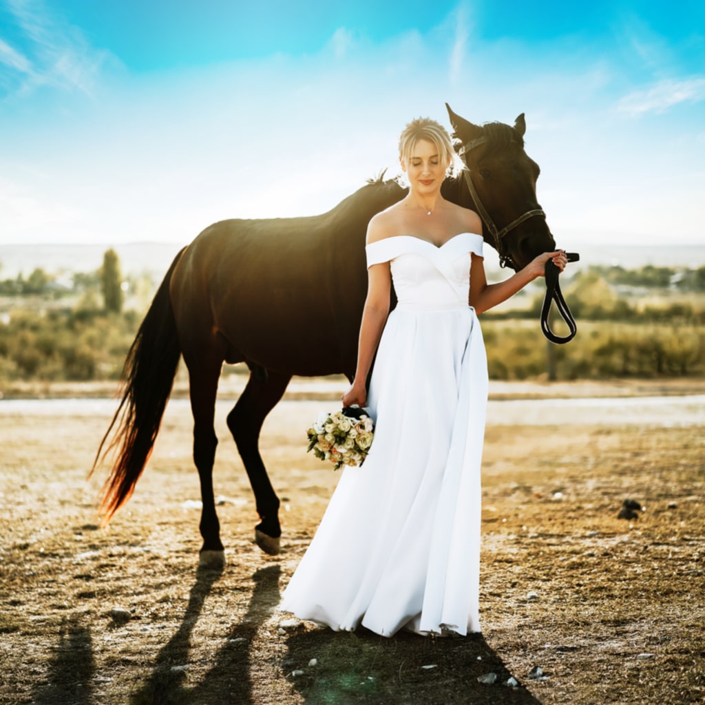 A Woman and Her Horse After Wedding Photo Retouching Services